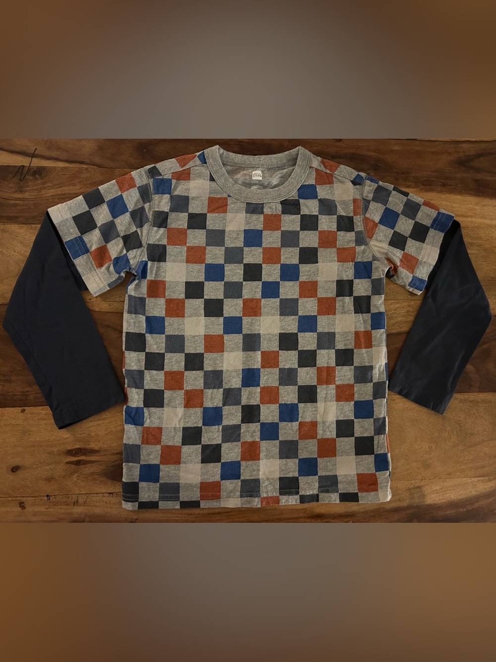 Tea Collection Navy, Gray & Rust Checkerboard Layered-Look Tee